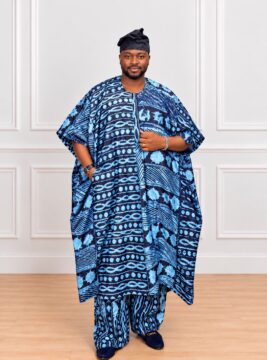 2pc Adire Agbada in Navy and Sky Blue Print