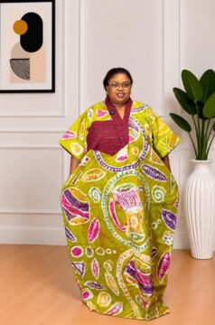 Adire Art Work on Cotton Bubu Dress in Lime Green