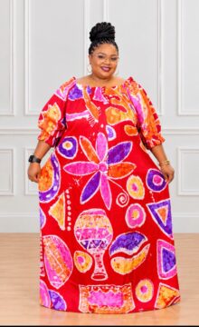 Adire Art Work on Cotton Off-Shoulder Bubu Dress in Red