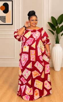 Adire Art Work on Cotton Off-Shoulder Bubu Dress in Maroon